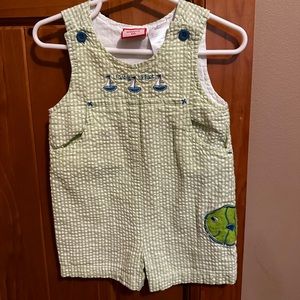 Green seersucker shortall